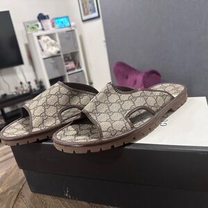 Authentic Gucci Beige and Brown Slide Sandals for Men